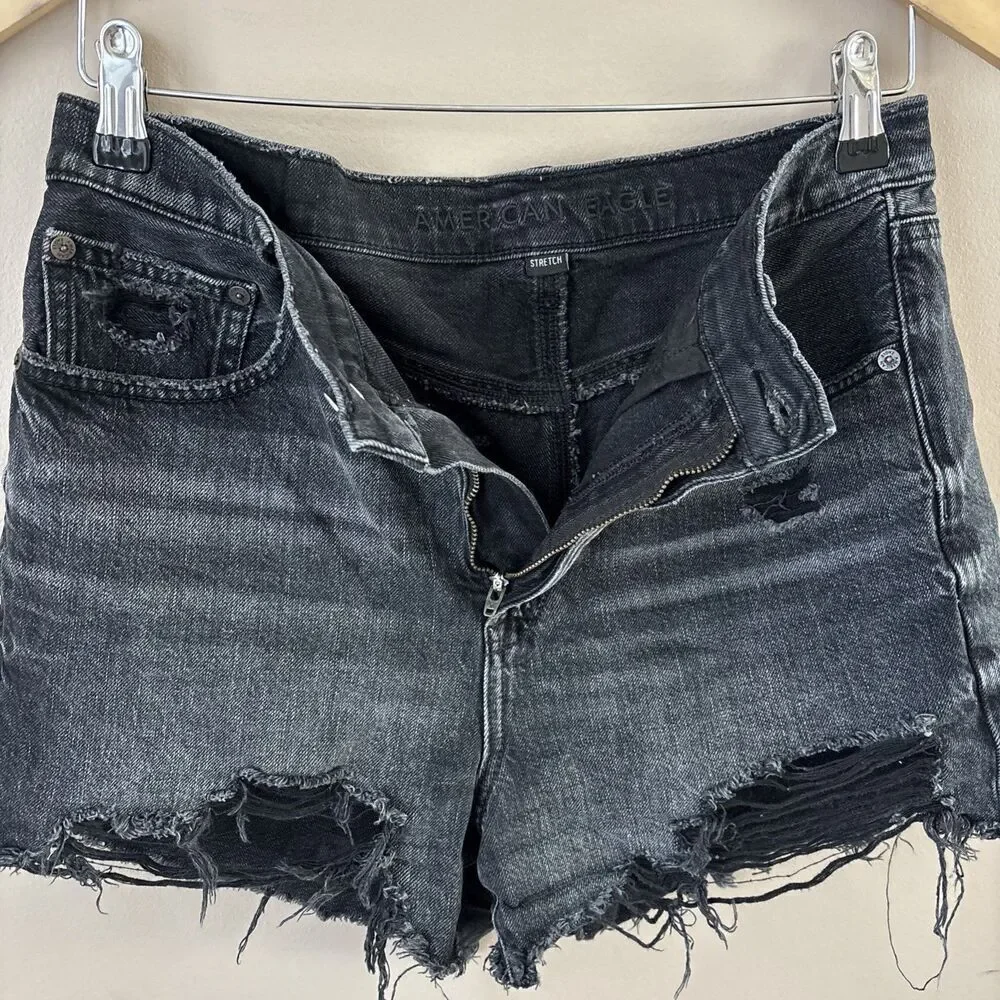 American Eagle Women's Black Denim Highest Waist '90s Boyfriend Shorts Size 6 - Picture 6 of 8